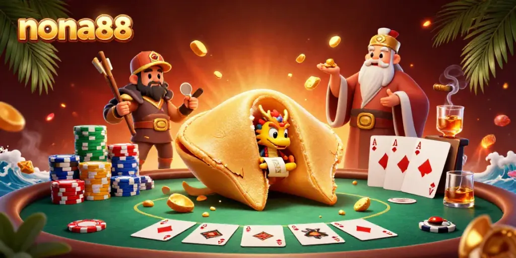 Engage with the vibrant casino world of nona88 featuring a golden fortune cookie and poker elements.