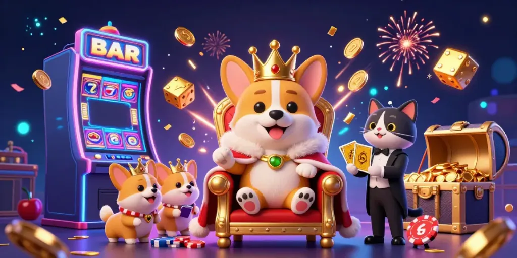 Experience GEGESLOT with a vibrant 3D casino scene featuring a royal corgi and dynamic gaming elements.