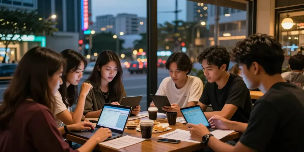 Kelompok teman berdiskusi tentang strategi Bandar Togel di kafe urban yang ramai.