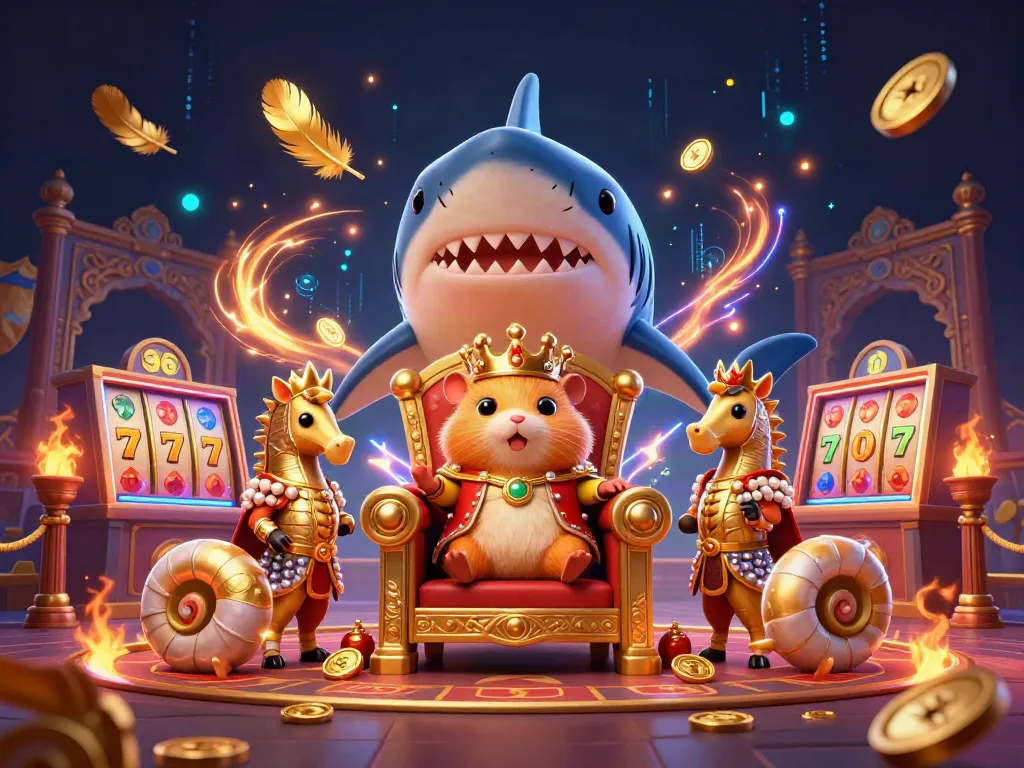 Experience the vibrant MANCLUB casino with a golden hamster king surrounded by slot reels and treasures.