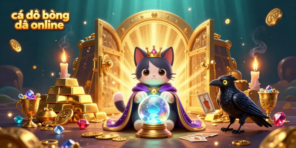Experience cá độ bóng đá online with mystical characters and treasure in a vibrant casino-themed scene.