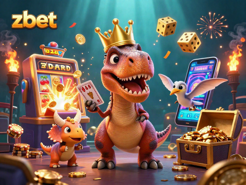 ZBET invites players to experience vibrant casino fun with a T-Rex, pterodactyl, and triceratops in a colorful jackpot scene