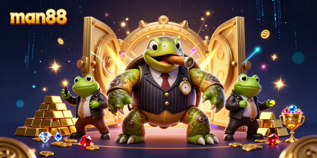 Win big with man88 at this vibrant casino scene featuring animated characters.
