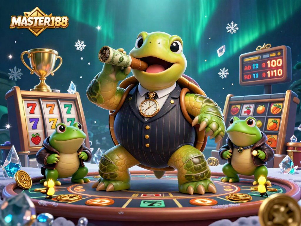 MASTER188 showcases a lively casino scene with a turtle mobster, bullfrogs, and vibrant slot elements.