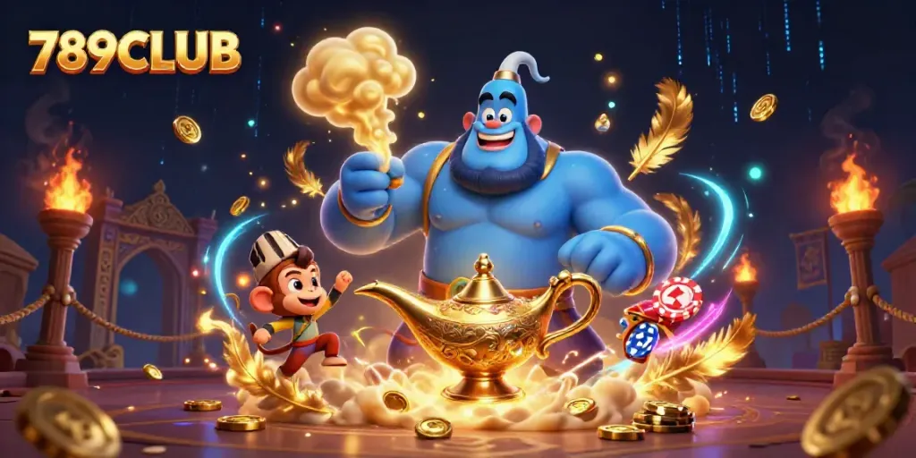 Experience thrilling gaming with 789CLUB's vibrant casino scene showcasing a genie, monkey, and poker chips.