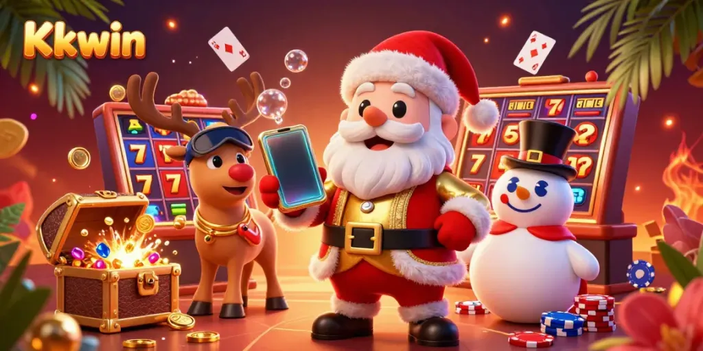 Experience thrilling Kkwin casino adventures with a vibrant 3D illustration featuring Santa and friends.