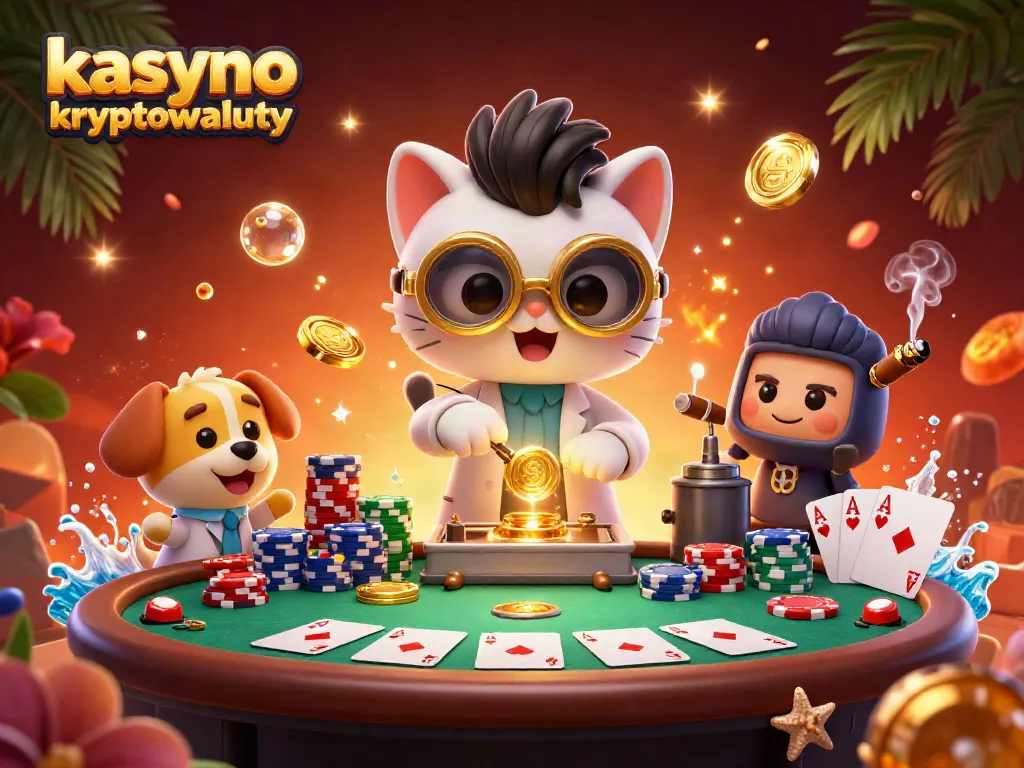 Experience thrill at kasyno kryptowaluty with mad scientist cat at a vibrant poker table.
