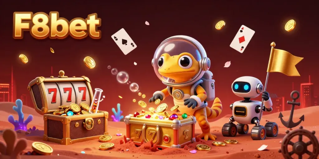 Experience the magical world of F8bet with Martian gecko celebrating incredible slot wins and treasures.