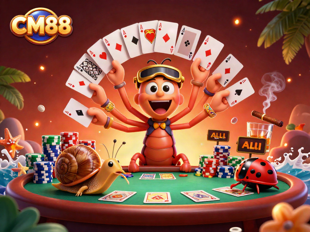 Engage in high-stakes poker with CM88's animated characters at a vibrant casino.