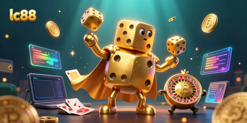 Engage with the vibrant lc88 scene featuring a golden dice golem and crypto coins.