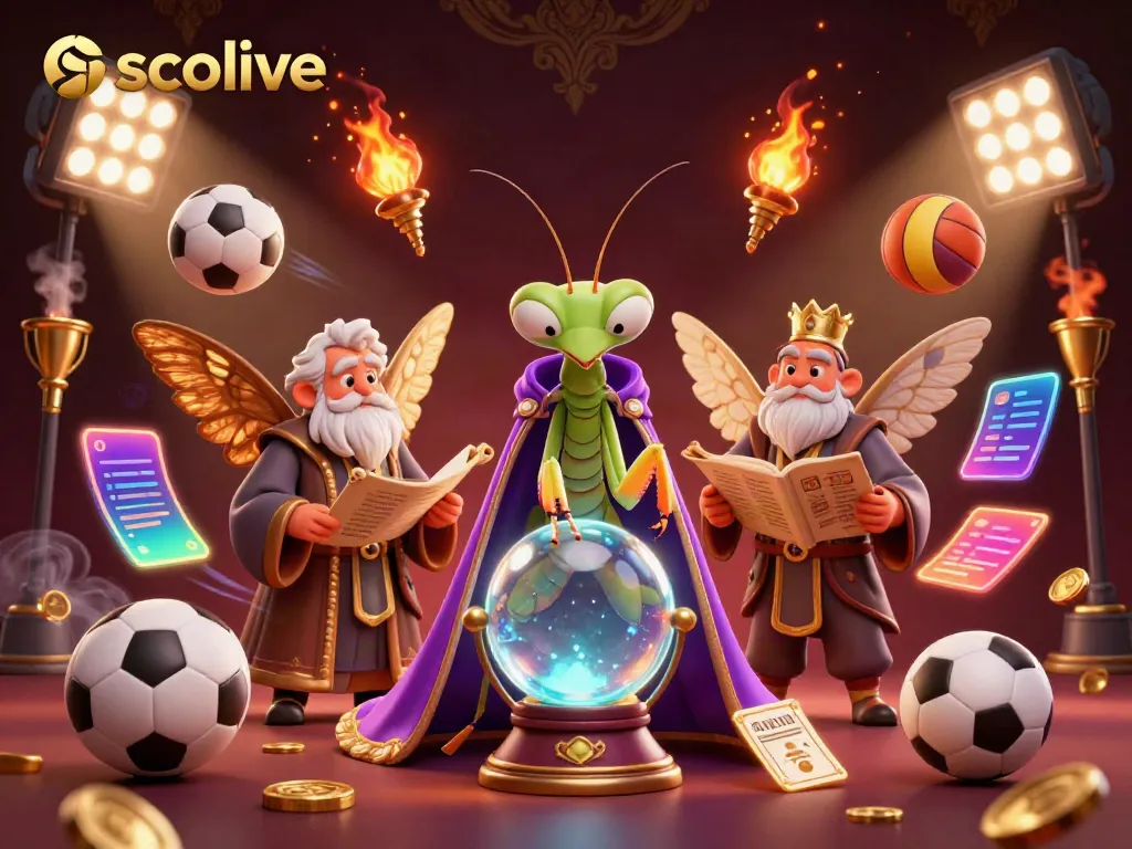 Socolive sports betting scene with cartoon fortune teller and moth librarian, rich visuals and action.