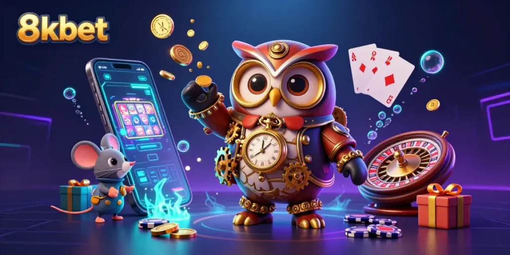 Engage in thrilling 8xbet gaming experiences amidst vibrant casino elements and characters.