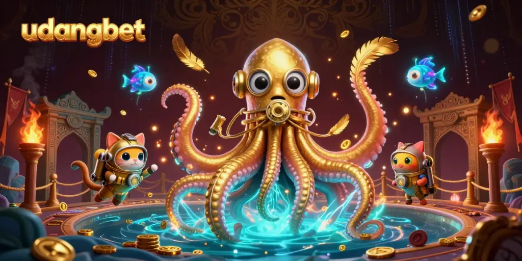 Experience thrilling wins at udangbet with a mesmerizing kraken and a diving cat in this dynamic casino scene.
