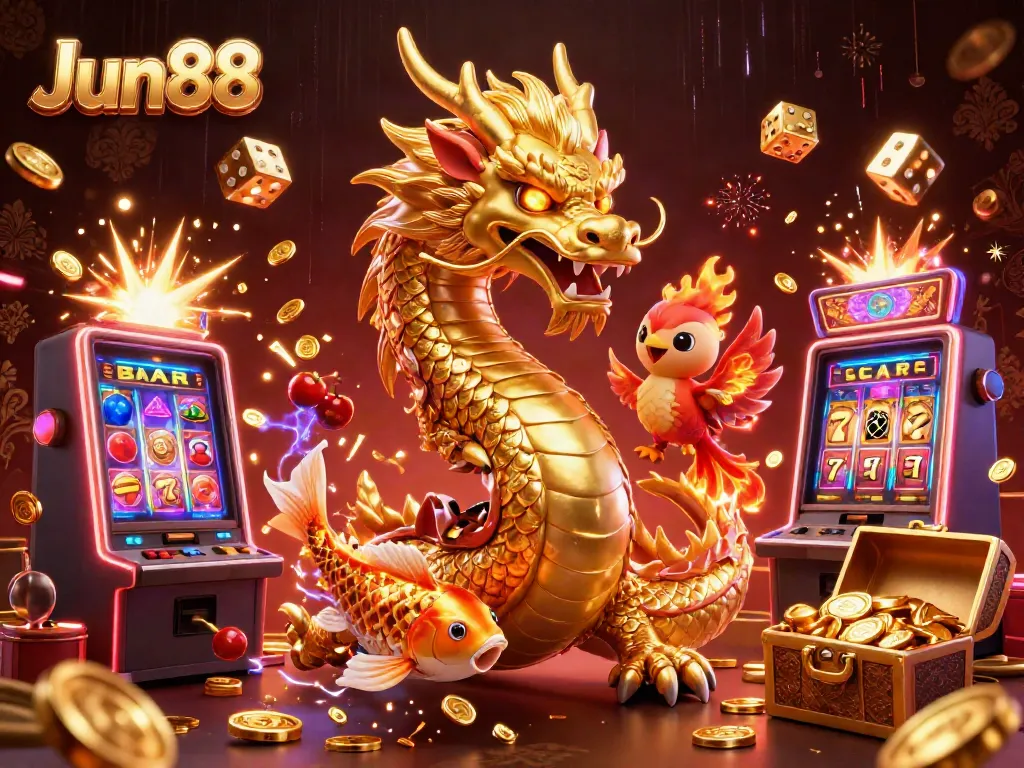 Experience the excitement of Jun88 with a vibrant casino scene featuring mythical characters and dynamic gambling elements.