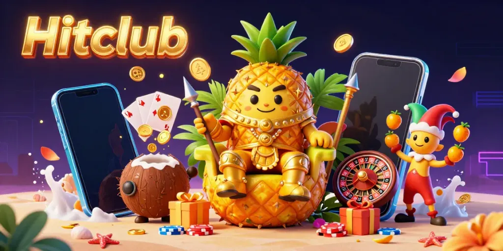 Experience thrilling gaming at Hitclub with a vibrant 3D scene featuring a pineapple king and engaging slot elements.