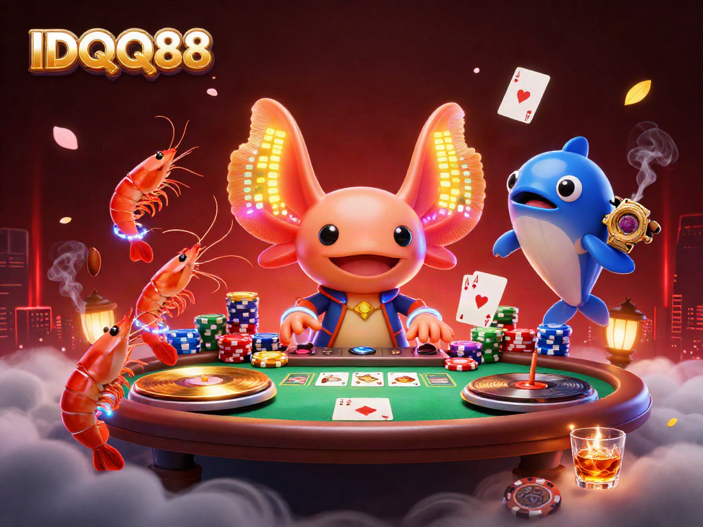 Engage in the vibrant IDQQ88 casino scene with a neon axolotl DJ spinning golden records.