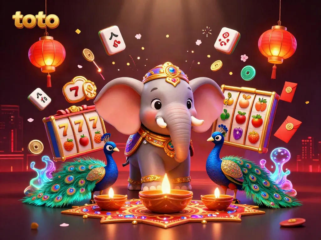Toto dalam ilustrasi kasino yang ramai dengan gajah dan burung merak, memberikan nuansa keberuntungan.