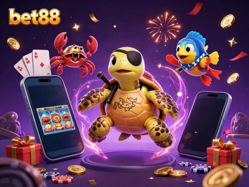 Experience bet88's thrilling treasure hunt with cartoon characters amidst colorful casino elements