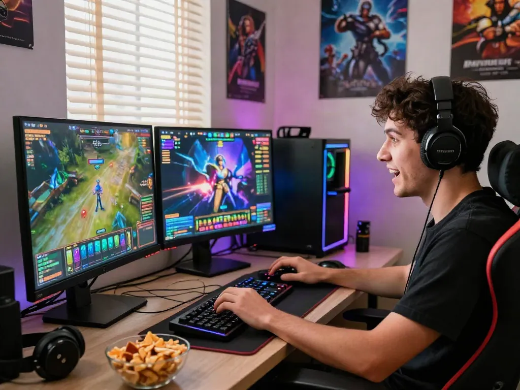Engaged player enjoying lumbung88 online slot games in a vibrant gaming setup