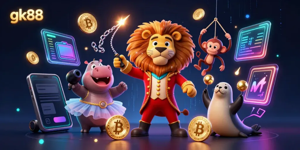 Engage with gk88 casino excitement alongside vibrant characters and glowing crypto elements.