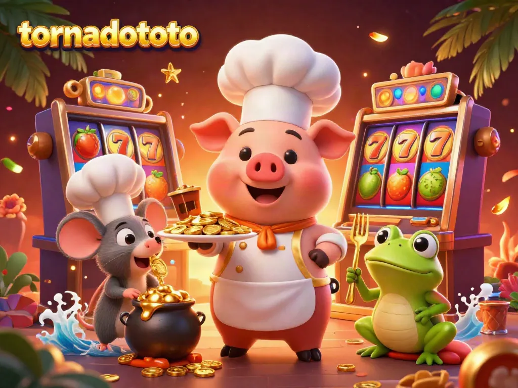 Watch tornadototo's charm as a cartoon chef pig serves gold coins amid slot machines in a dynamic casino scene.