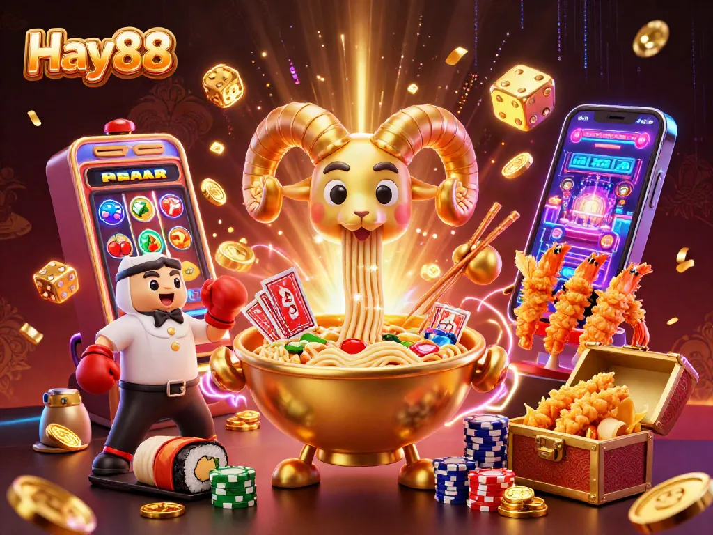 Play slots and poker with Hay88 in a vibrant 3D scene featuring exciting casino elements and characters.