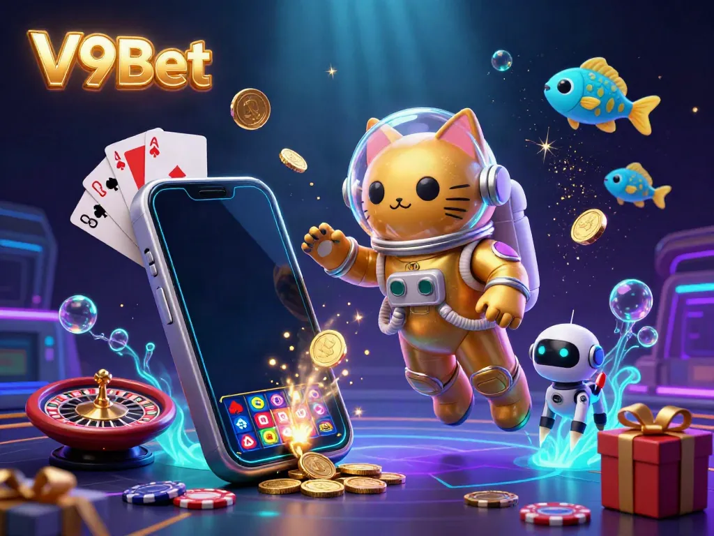 Experience the excitement of V9Bet with a 3D astronaut cat and robot dog amid casino-themed elements.