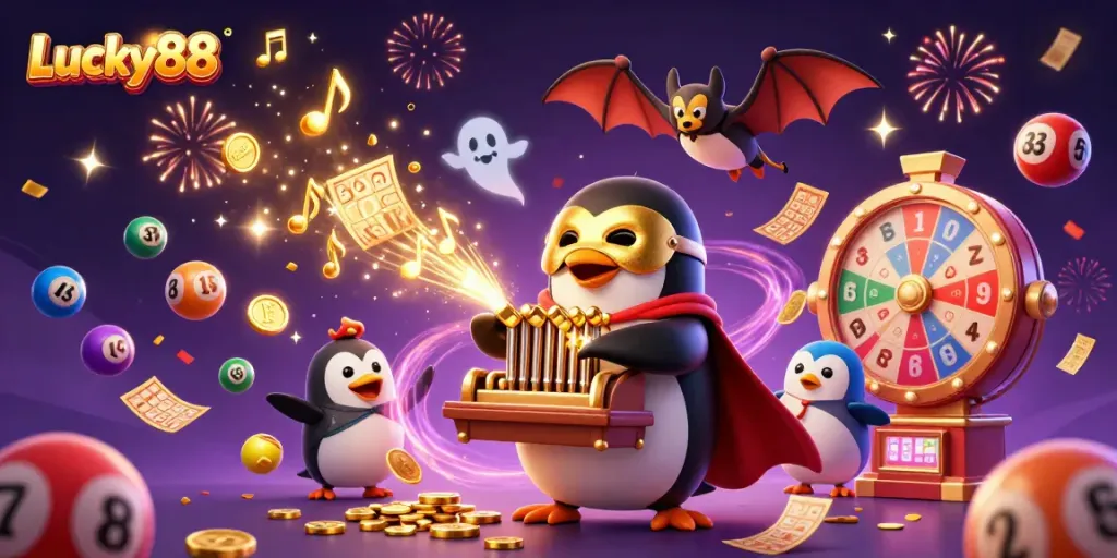 Experience the excitement of Lucky88 with a whimsical illustration showcasing a casino-themed celebration.