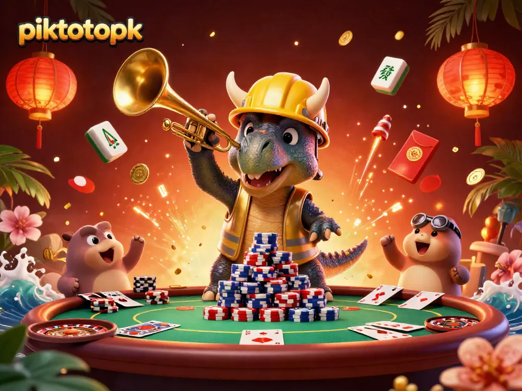 Piktotoapk showcases a vibrant 3D casino scene with a playful triceratops, celebrating with gaming elements.