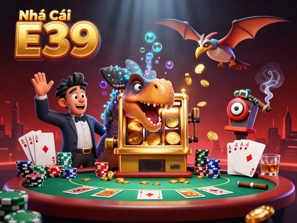 Experience the excitement of Nhà Cái E39 as a pachycephalosaurus interacts with a jackpot machine, surrounded by vibrant casino elements.
