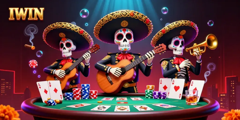 IWIN's colorful casino experience featuring a vibrant mariachi band and poker elements.