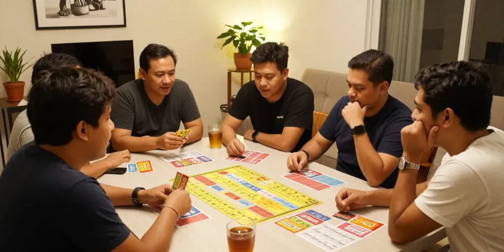 Group enjoying a friendly togel game in a cozy living room.