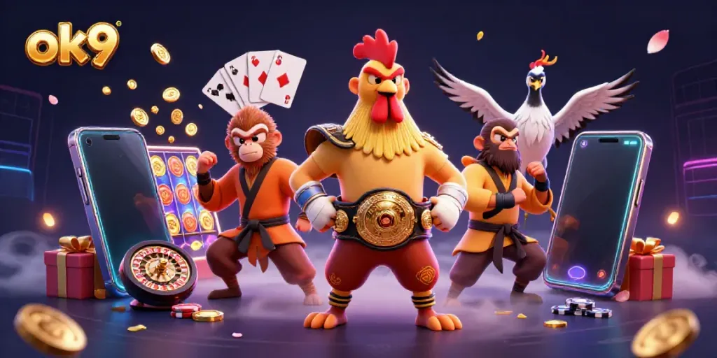 Experience thrilling gameplay with ok9 in this dynamic casino-themed scene with martial artist characters.