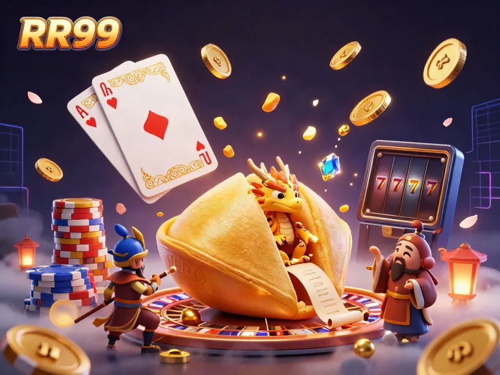 Experience dynamic gaming at RR99 with a golden fortune cookie, a wise dragon, and vibrant casino elements.
