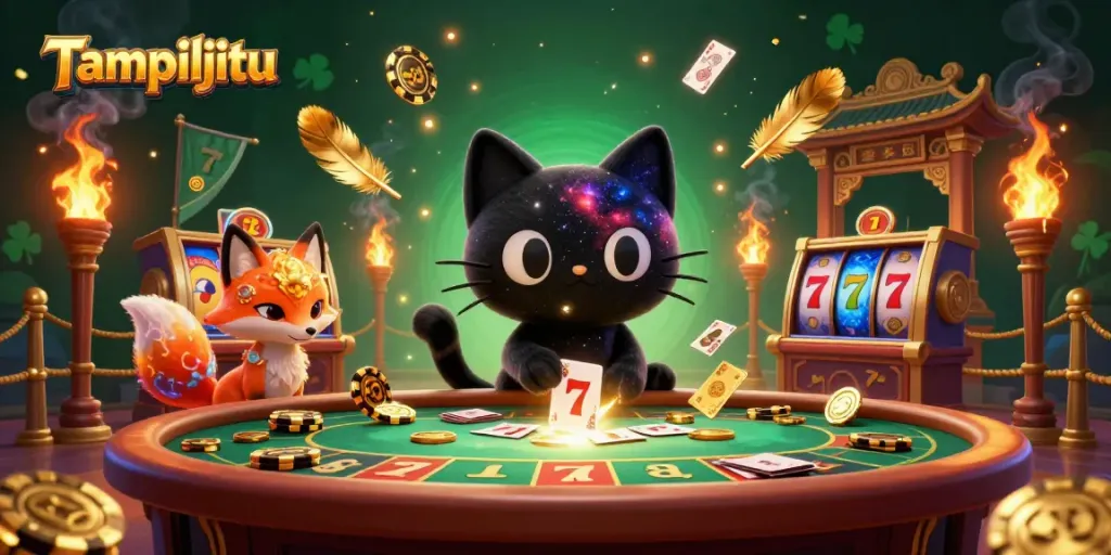 Tampiljitu attracts players with a cosmic cat drawing in golden chips at a vivid casino table.
