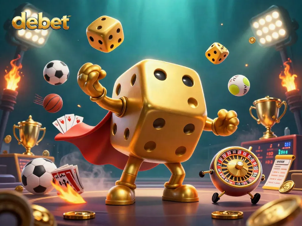 Engaging debet gaming scene featuring a golden dice golem, sports elements, and dynamic lighting for a vibrant casino atmosphere.
