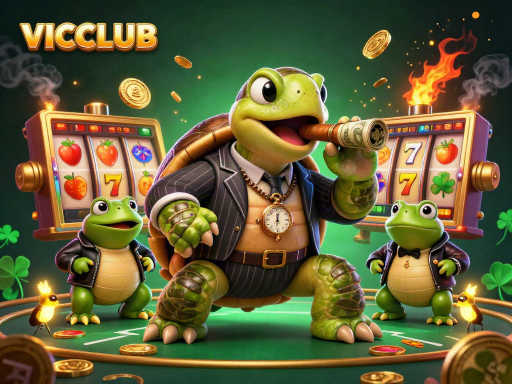 Win big at VICCLUB with vibrant spinning slot reels and a charming cartoon turtle character.