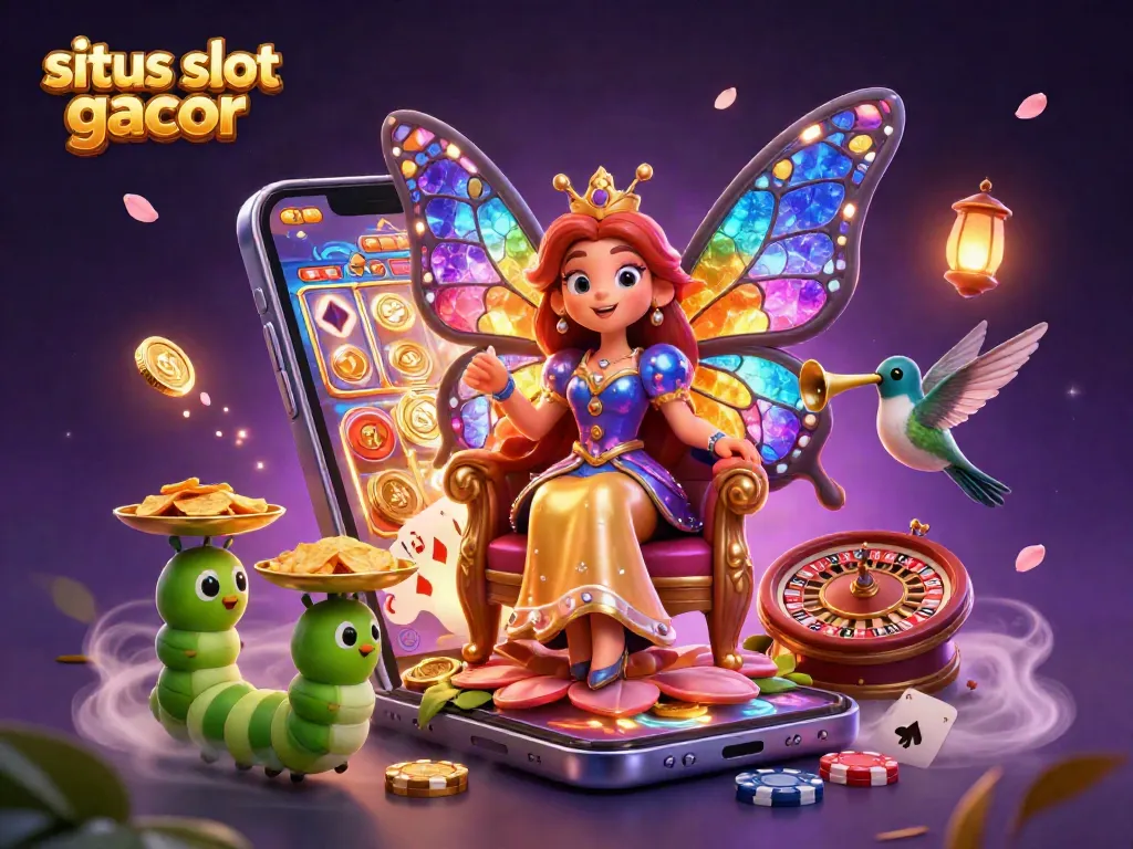 Engage with situs slot gacor in this vibrant 3D scene showcasing a butterfly queen, slot games, and festive casino elements.