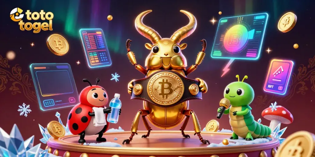 Engage with thrilling toto togel action in a vibrant 3D casino illustration featuring dynamic characters and crypto elements.