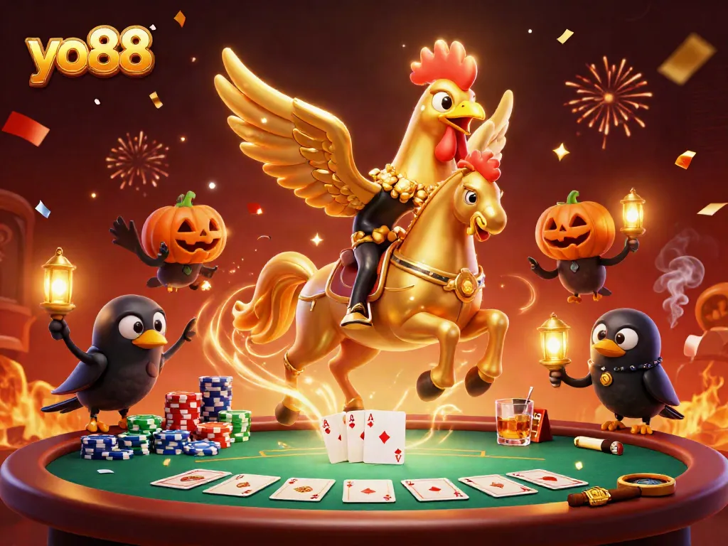 Join the excitement with yo88 at a vibrant casino featuring a golden rooster and festive elements.