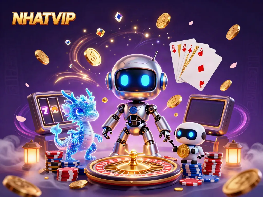 Experience thrilling gameplay with NHATVIP's exciting casino scene featuring neon characters and dynamic game elements.