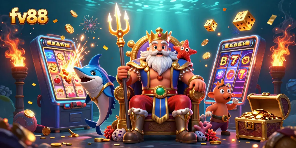 fv88 slot machine bursts with coins as Neptune and his companions celebrate jackpot wins