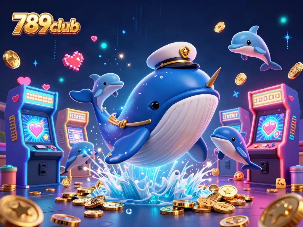 Engage with the exciting world of 789club as a giant whale dives through gold coins, showcasing playful dolphins and thrilling games.
