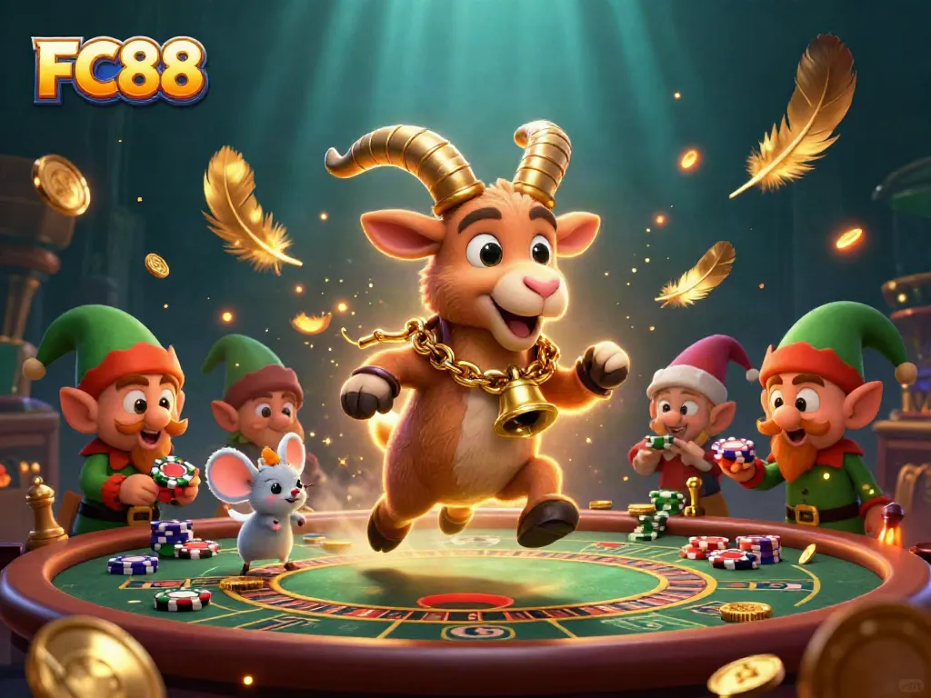 Engage with FC88's vibrant live casino scene featuring Krampus, an angel, and elf gremlins.