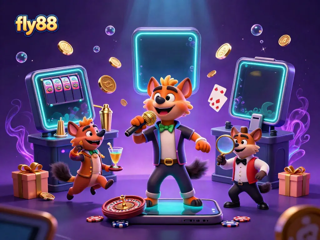 Experience the excitement at fly88's comedy casino club with lively hyenas entertaining in a vibrant scene.