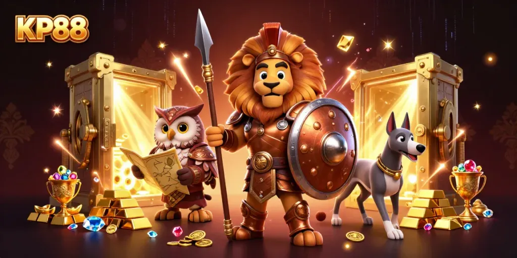 Engage with KP88's exciting online casino world featuring an armored lion, wise owl, and swift greyhound.