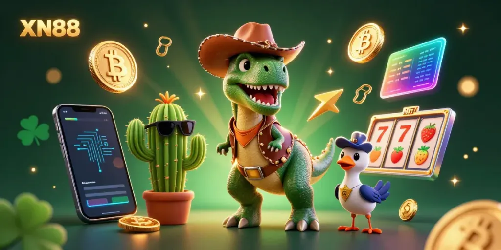 Xn88 brings gaming excitement, featuring a dinosaur and cactus in a vibrant casino setting.
